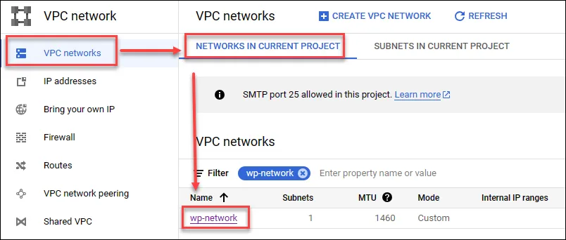 VPC Network overview showing the newly created VPC