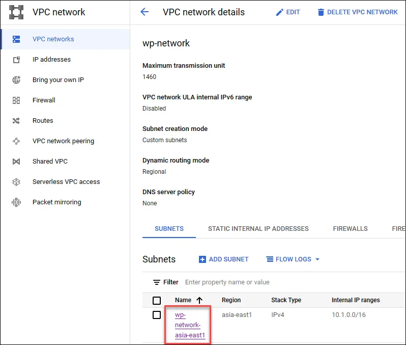 Selecting the created subnet