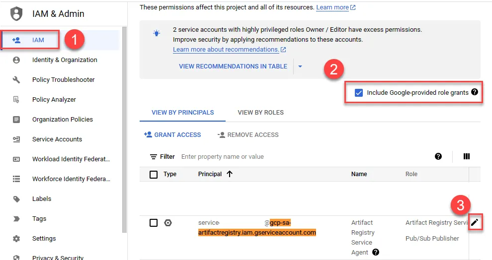 到 IAM 設定 gcp-sa-artifactregistry.iam.gserviceaccount.com 權限，加入 Pub/Sub Publisher