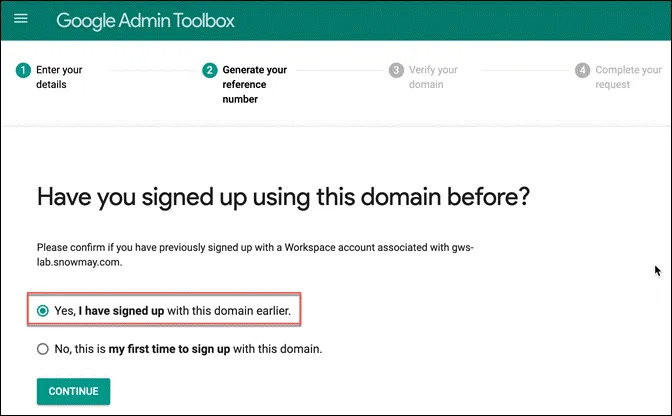 Choose the option indicating that you have previously registered this domain