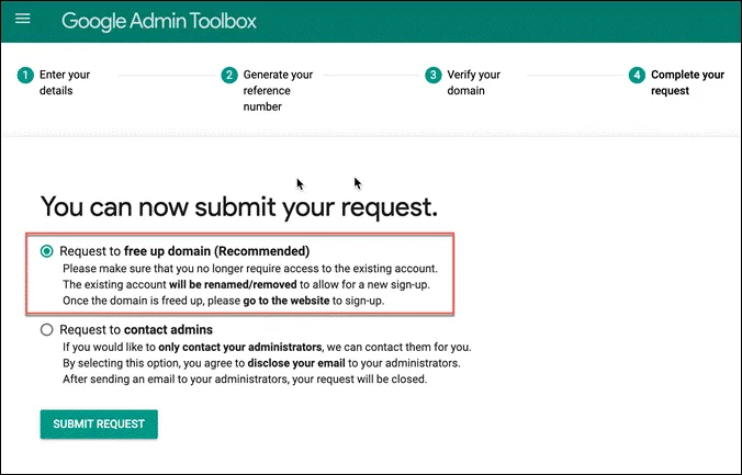 Select the first option to proceed with domain release