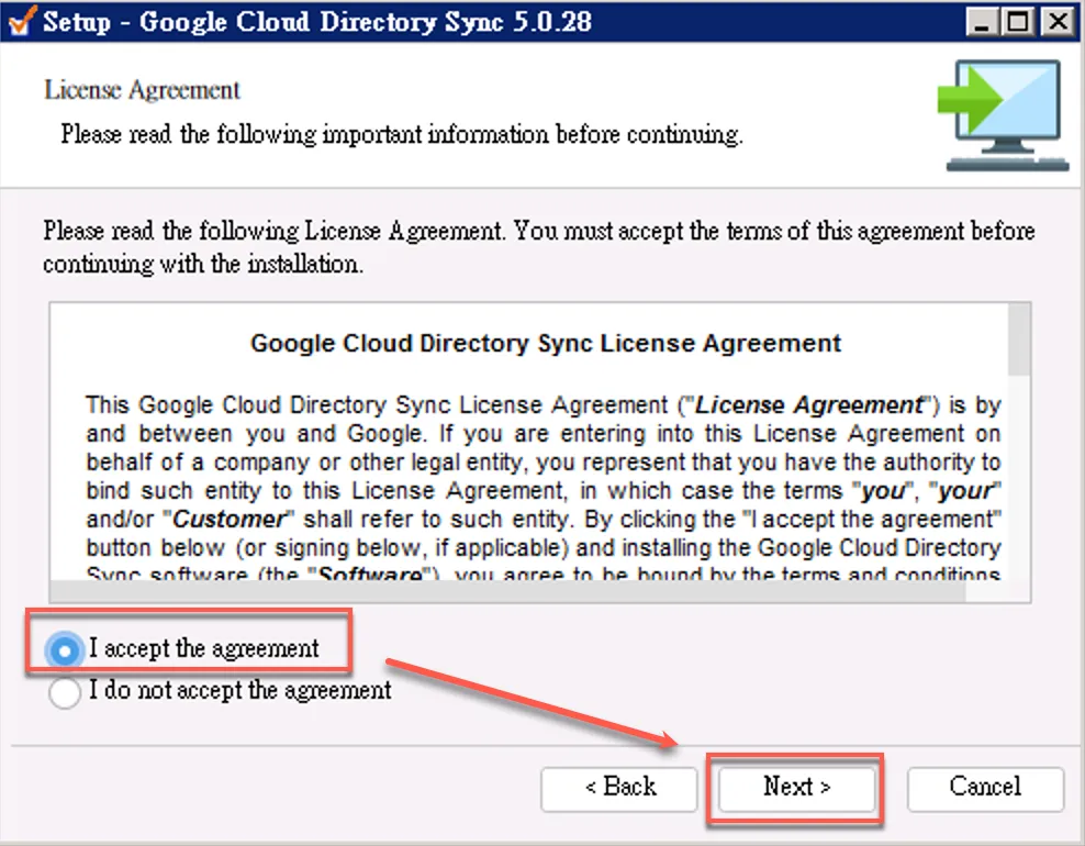 GCDS installation wizard - Accept and continue