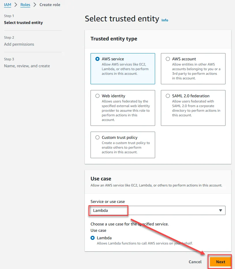 Choose Lambda service