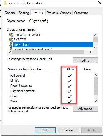 Ensuring Full Control permissions for user account