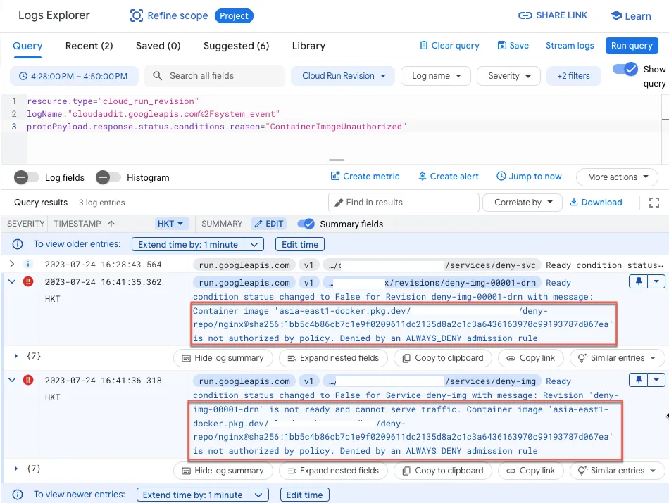 Audit log for blocked deployment