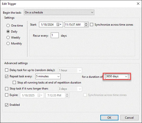 Setting trigger duration to ten years