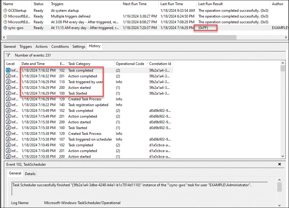 Failed execution result and duration