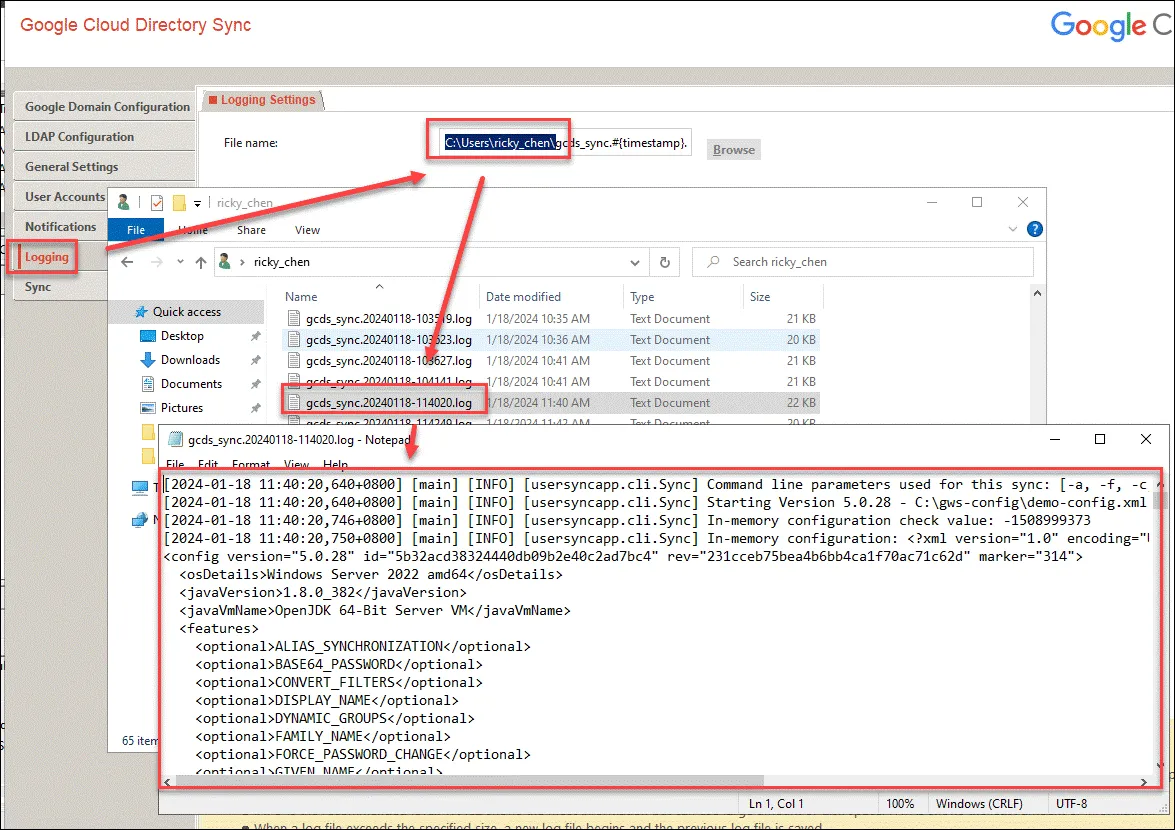 Setting log storage location in GCDS