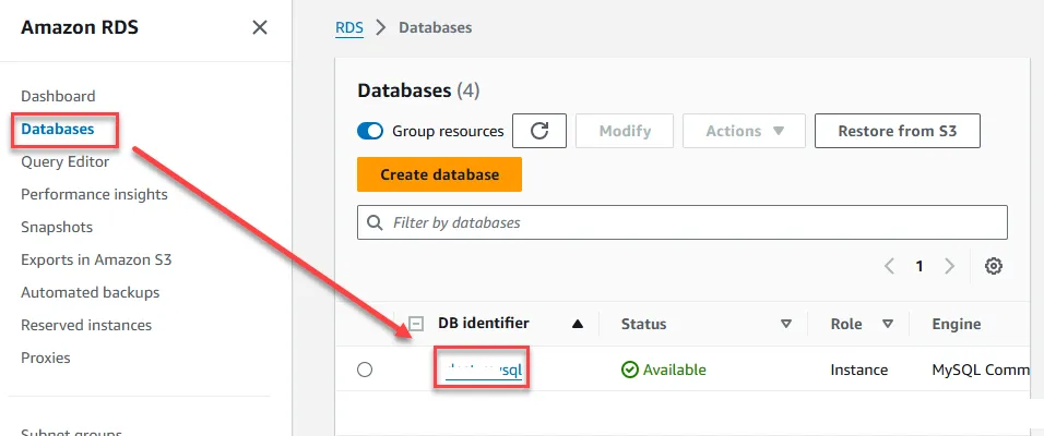 Select RDS instance
