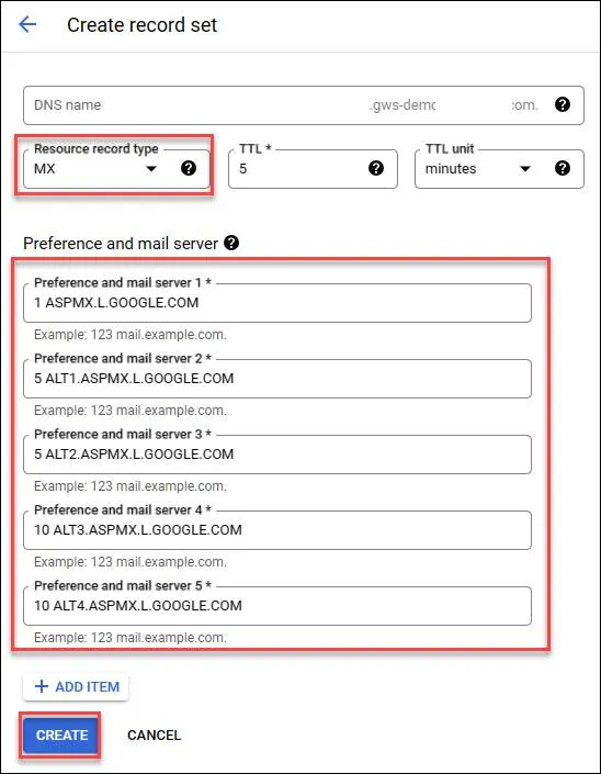 Setting up MX records in GCP CloudDNS