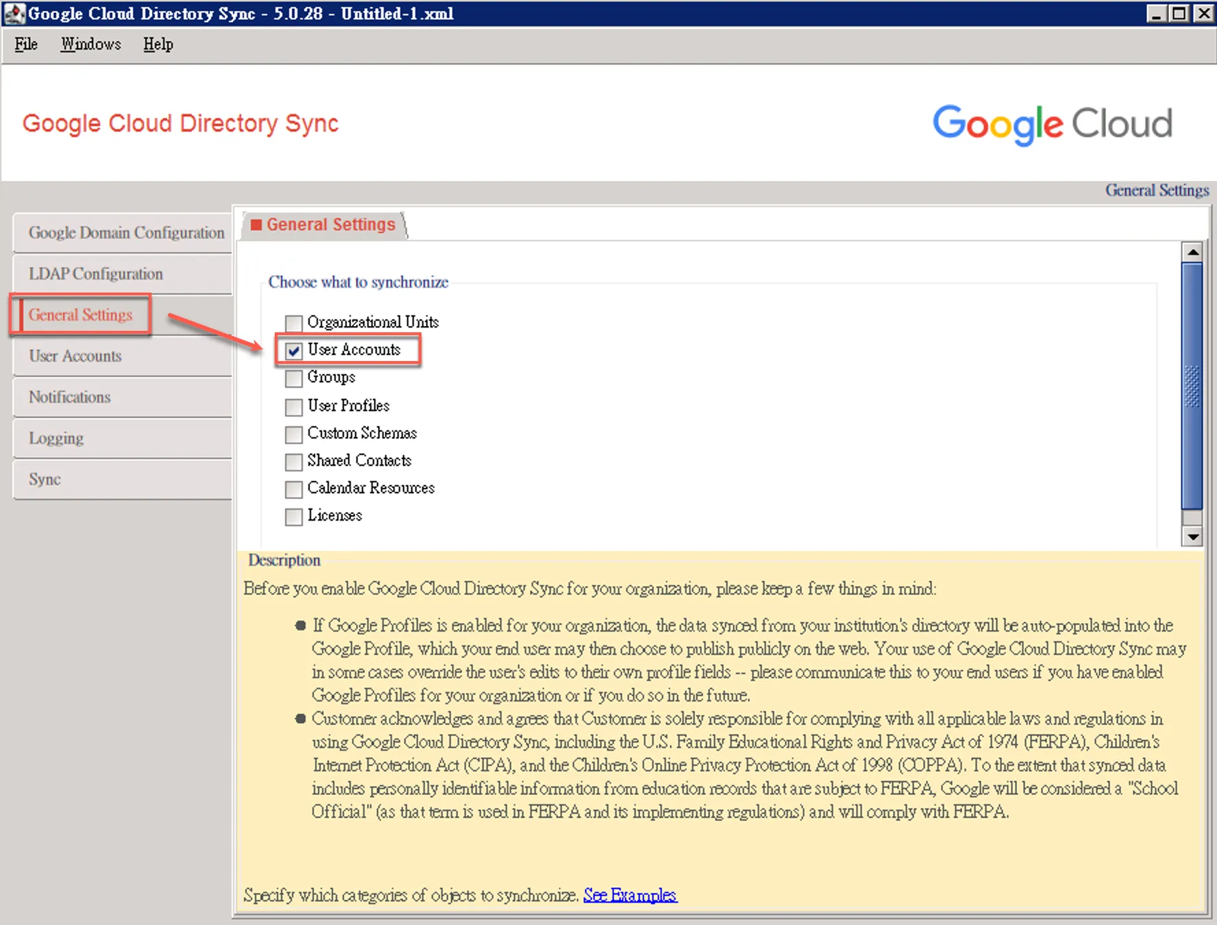 Selecting User Accounts in General Settings
