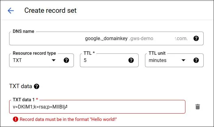 Pasting DKIM record in GCP CloudDNS