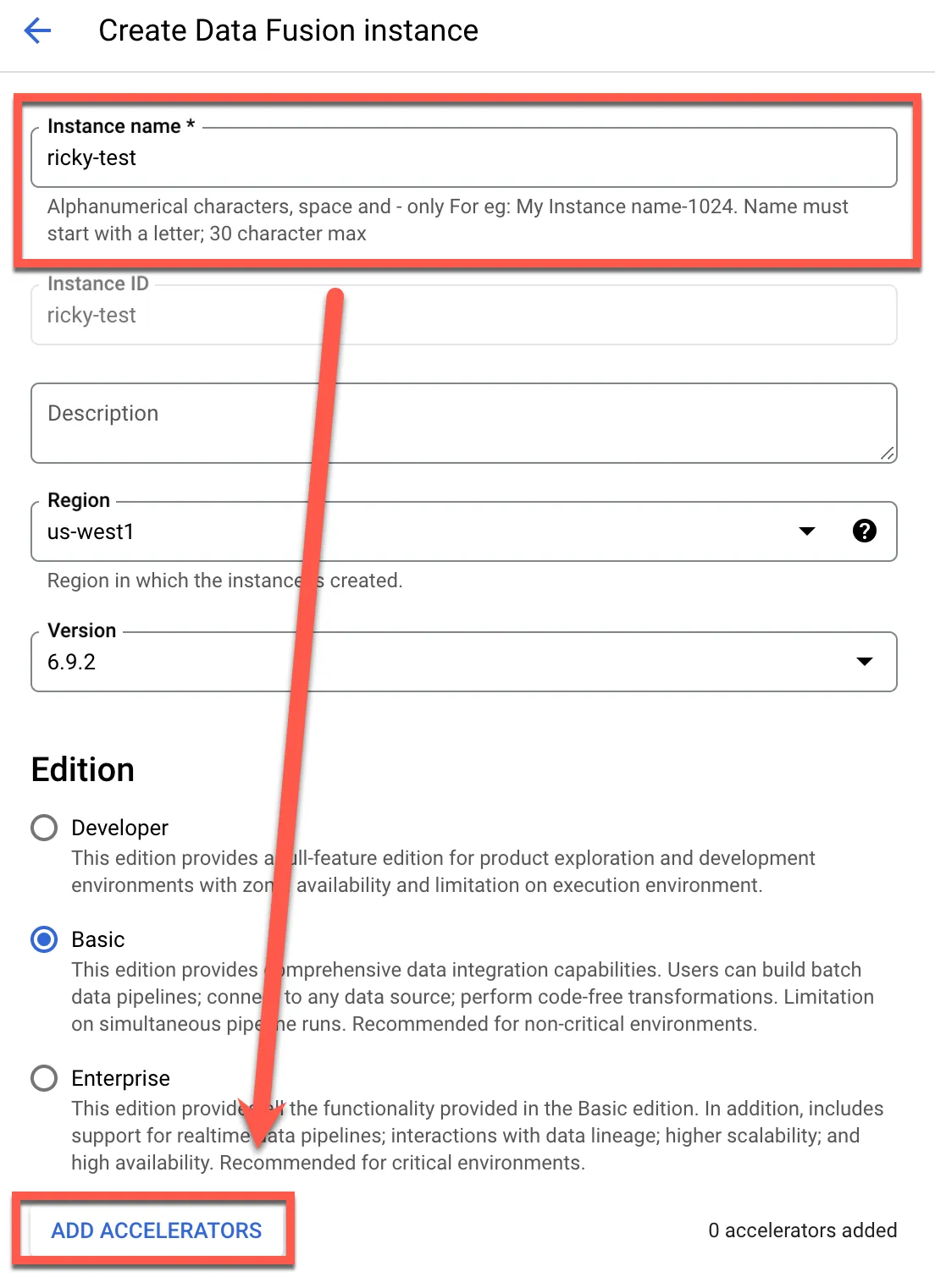 Entering name for Data Fusion instance