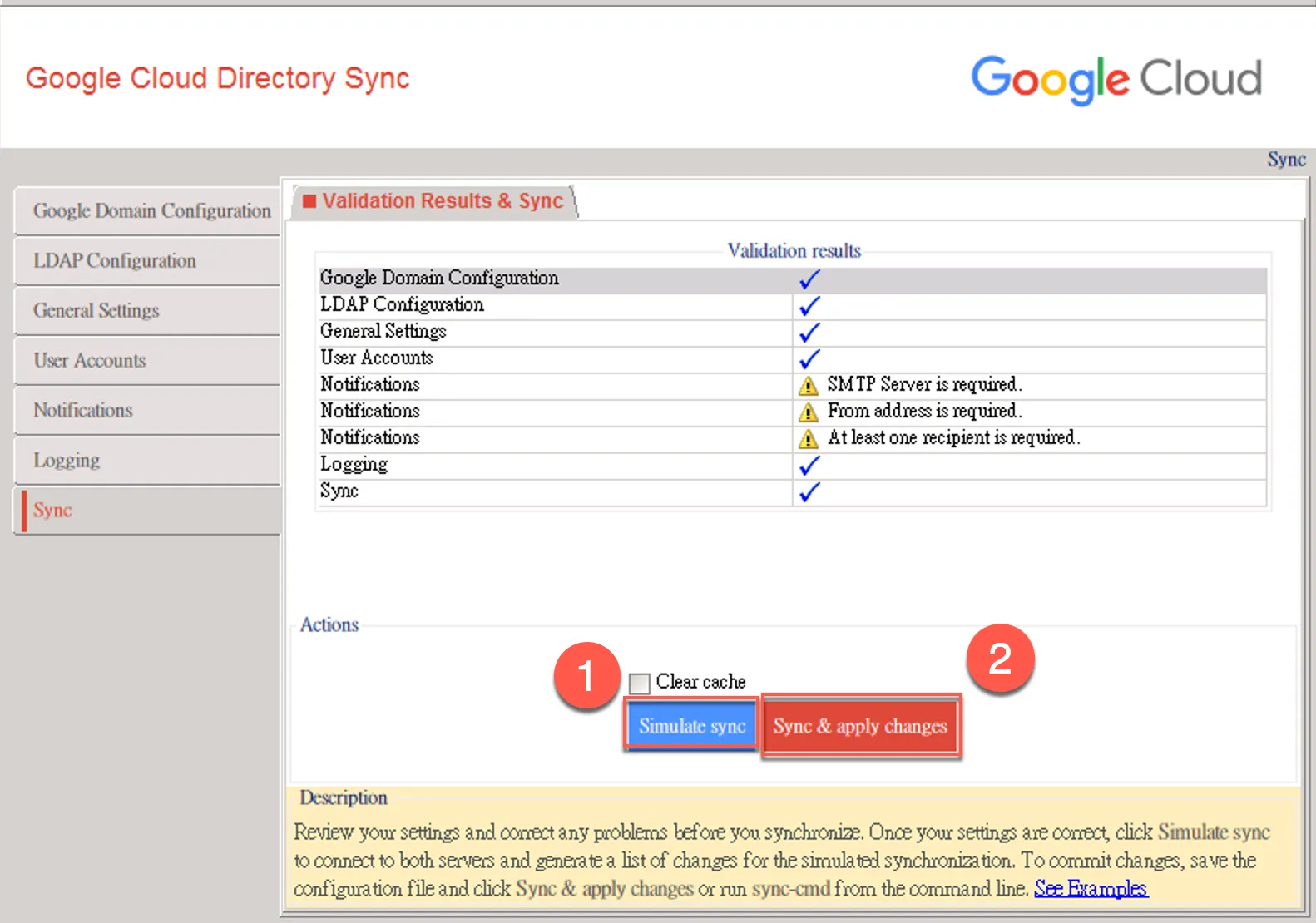 Setting up sync options