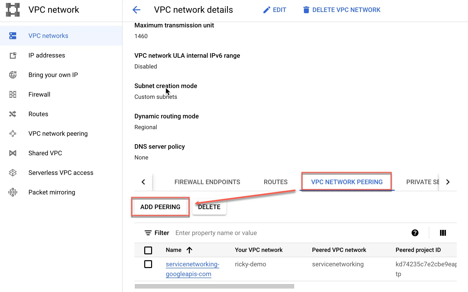 Adding PEERING in VPC