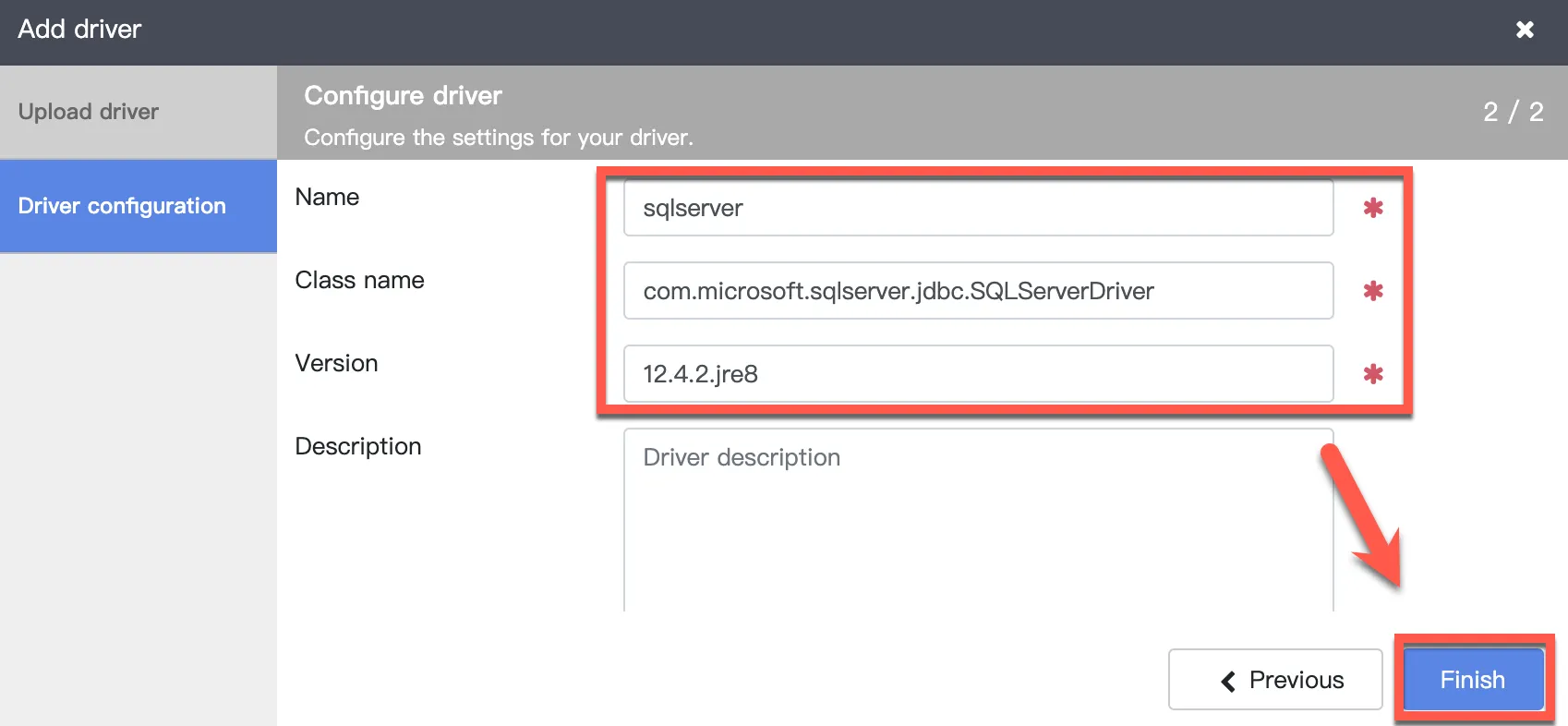 Configuring JDBC driver details