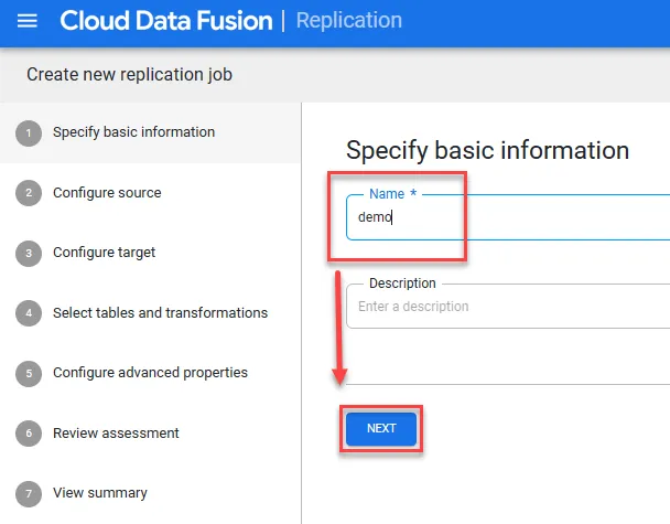Entering replication job name