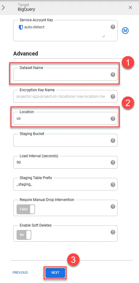 Configuring BigQuery dataset details