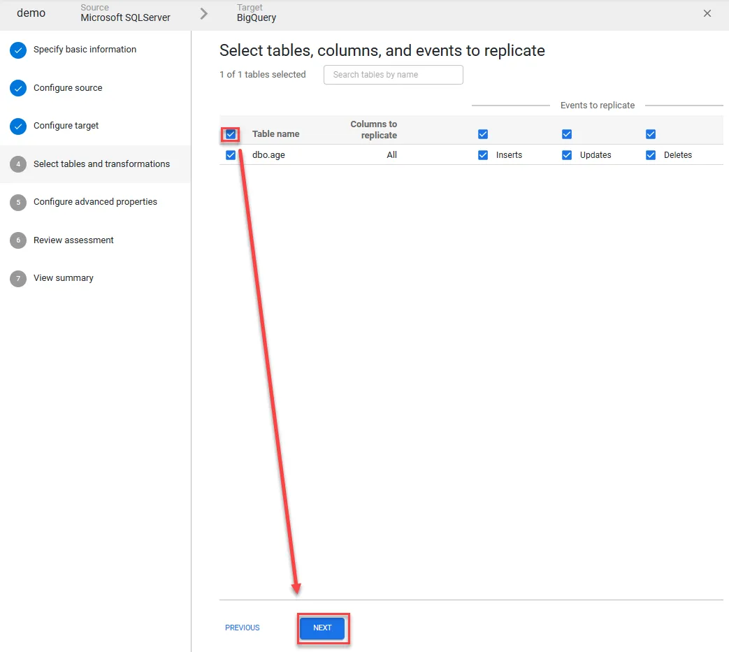 Selecting tables for synchronization