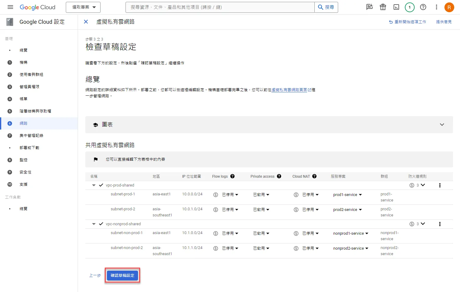 網路設置確認頁面