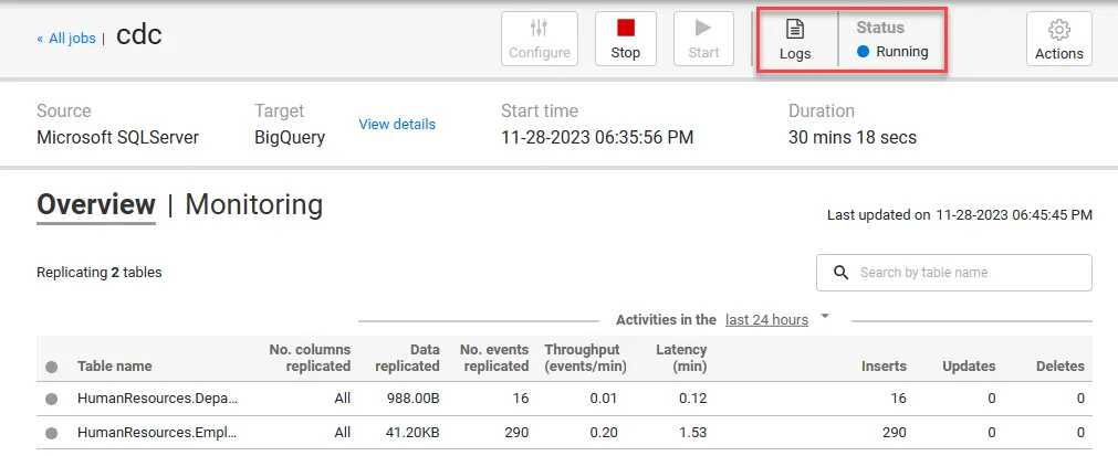 Viewing replication logs