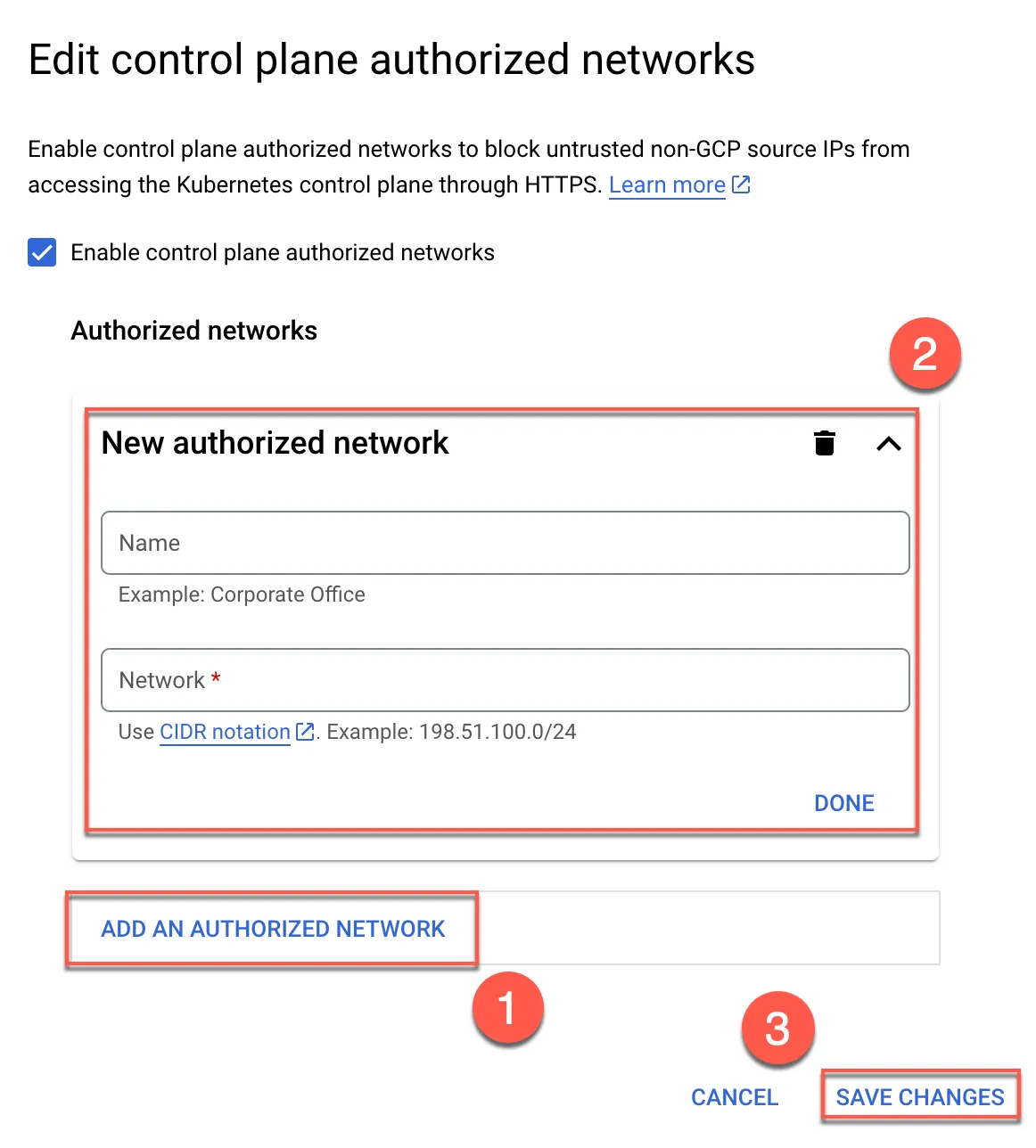 編輯 control plane authorized network
