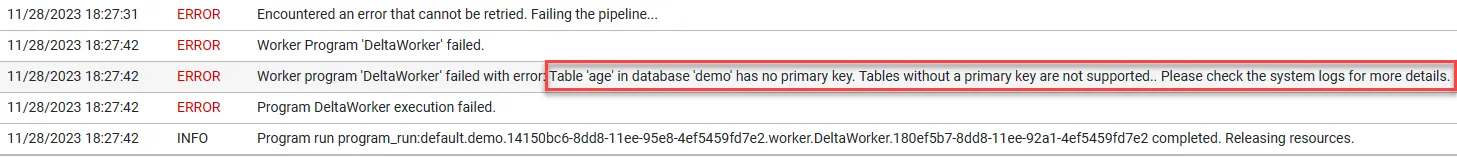 Error message for table without Primary Key