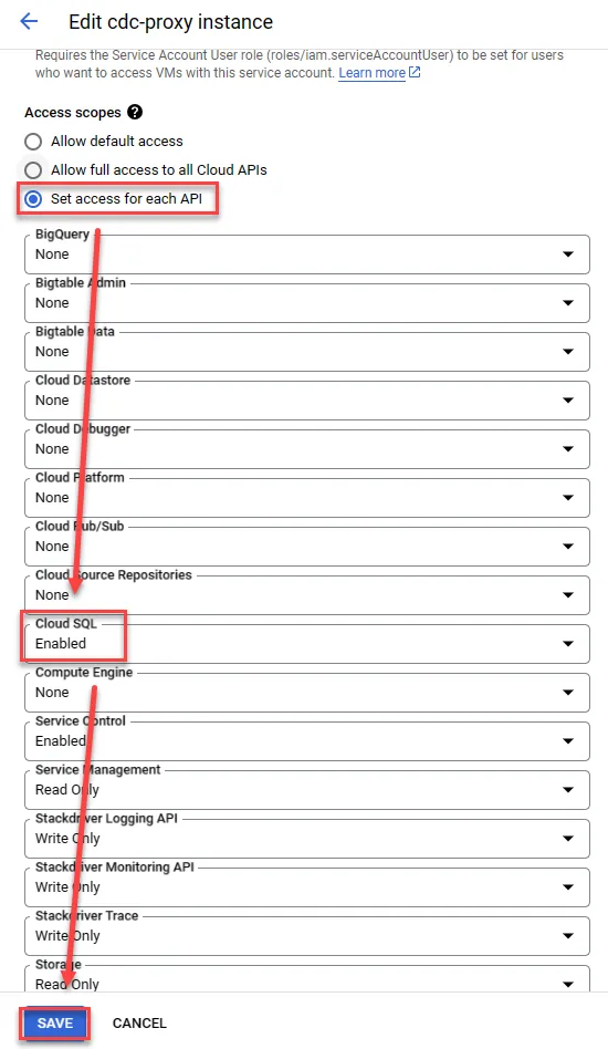 Enabling CloudSQL access and saving changes